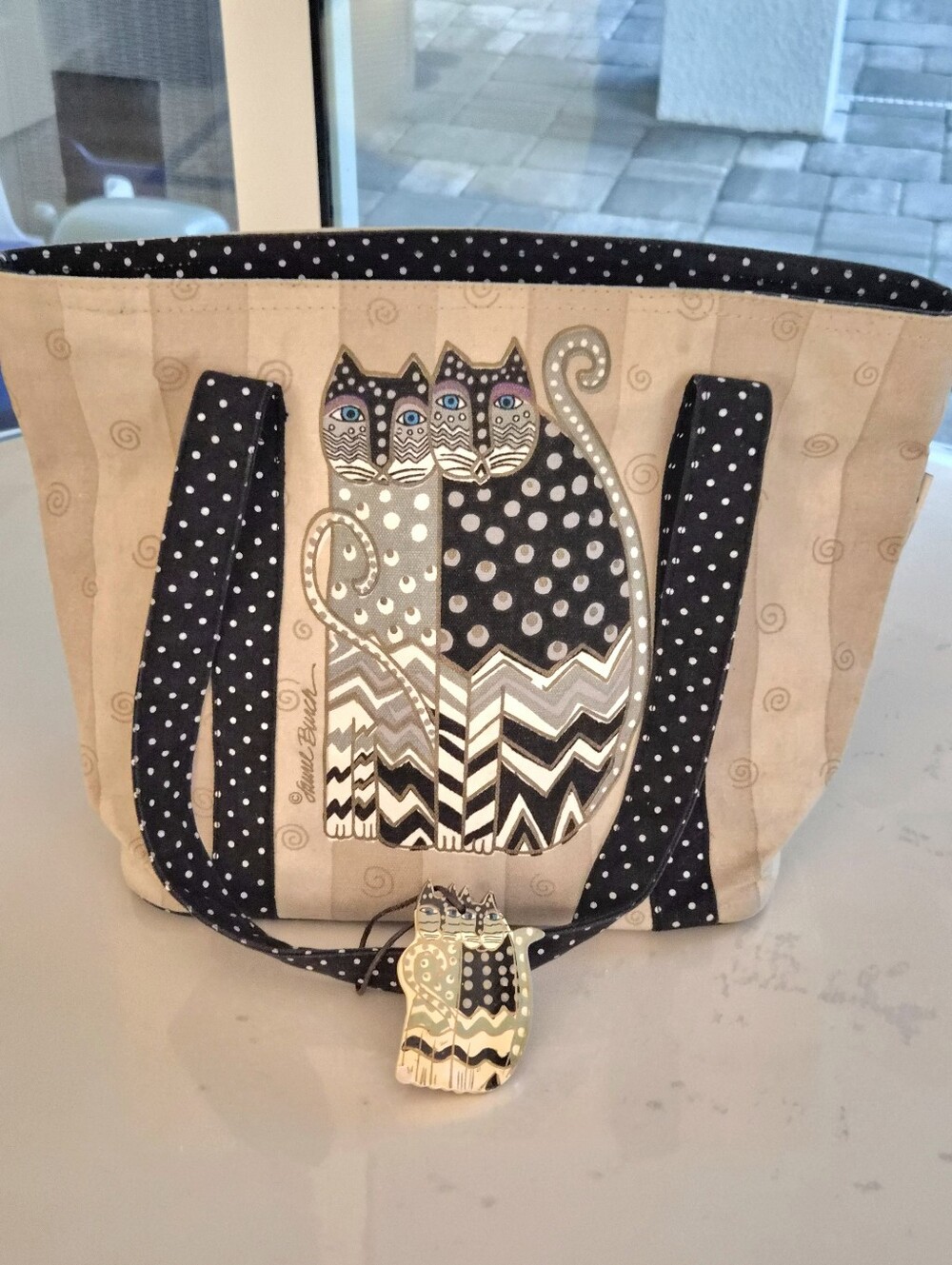 Laurel Burch Polka Dot Gatos Canvas Purse Tote Bag with Cat Charm